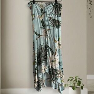 Hawaii Hangover blue maxi dress with ruffle detail and tie up front. Size: M